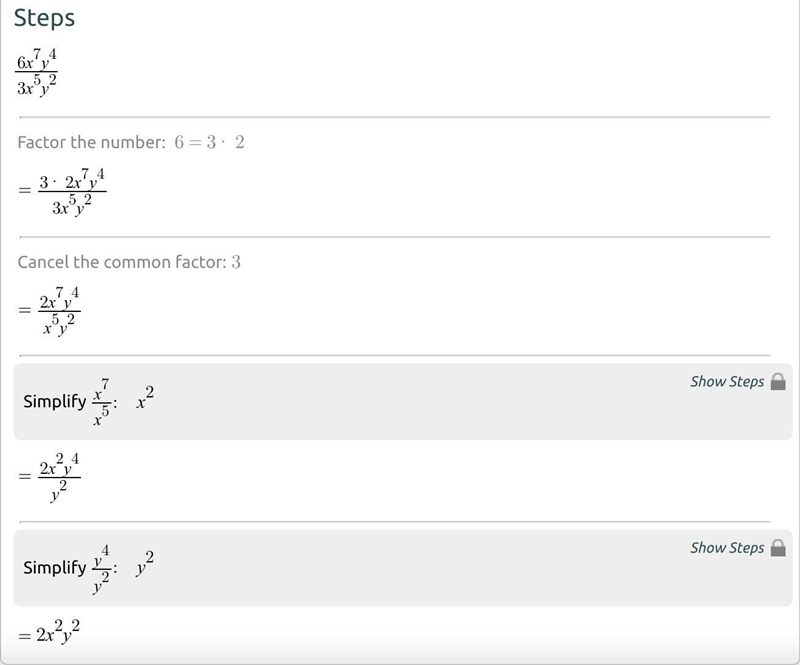 Simplify:6×⁷y⁴/3×⁵y² a. 2x¹2y 6x7y! b. 2xy c. 2x³y² d. 2x²y6 A B C D​-example-1