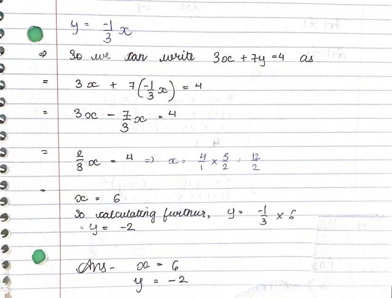 66. Choose any method to solve the following system: 3x+7y=4 y = -1/3 x-example-1