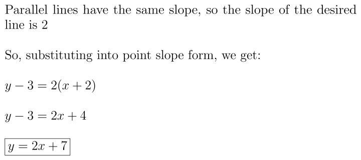 Find the equation of the line that passes through the point (-2, 3) and is parallel-example-1