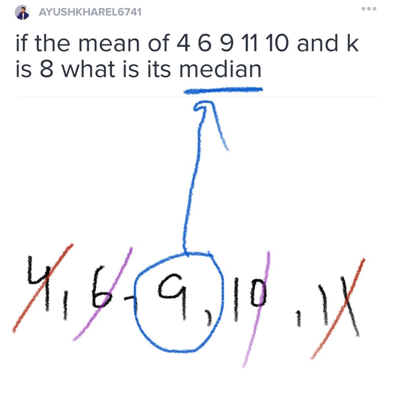 If the mean of 4 6 9 11 10 and k is 8 what is its median​-example-1