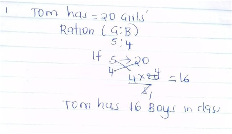 Tom has 20 girls in his seventh-grade class. The ratio of girls to boys is 5:4. How-example-1