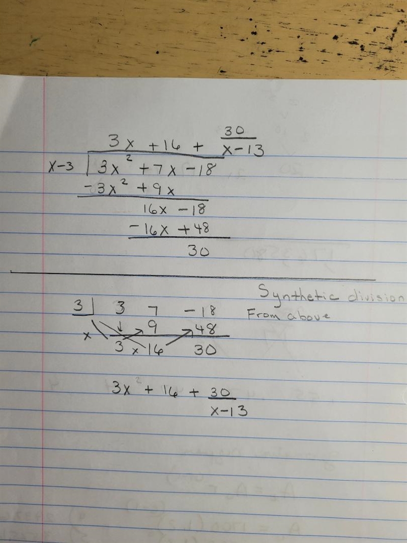 Using synthetic division what is (3x² + 7x - 18) = (x - 3)-example-1