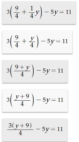 How do you solve the equation 3(9/4 + 1/4y)-5y=11-example-1