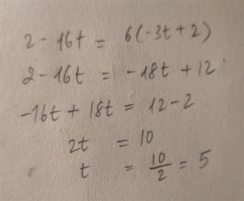 Solve for t. 2 - 16+ = 6(-3t + 2)-example-1