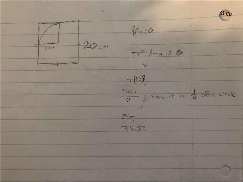 A quarter circle has been cut from a square sheet of paper as shown in diagram​-example-1