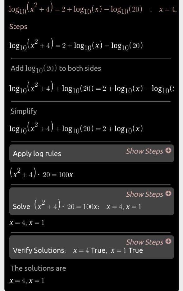 Without using tables solve for x in log(x^2+4)=2+ logx -log20​-example-1