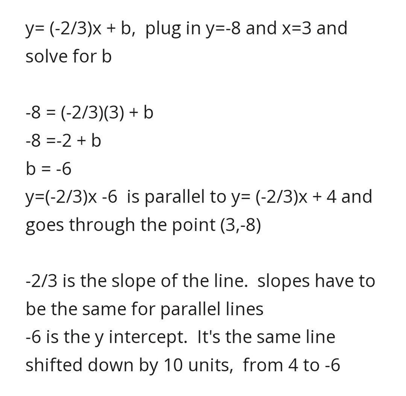 What is the equation of the line parallel to the line with equation y=2/3x +1 and-example-2