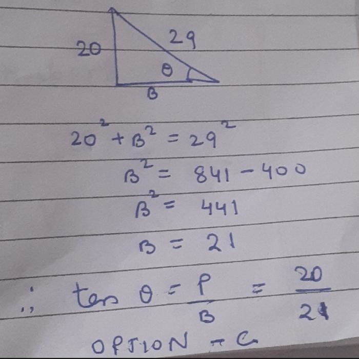 Help me now plssss sin ø = 20/29. Find tan ø-example-1