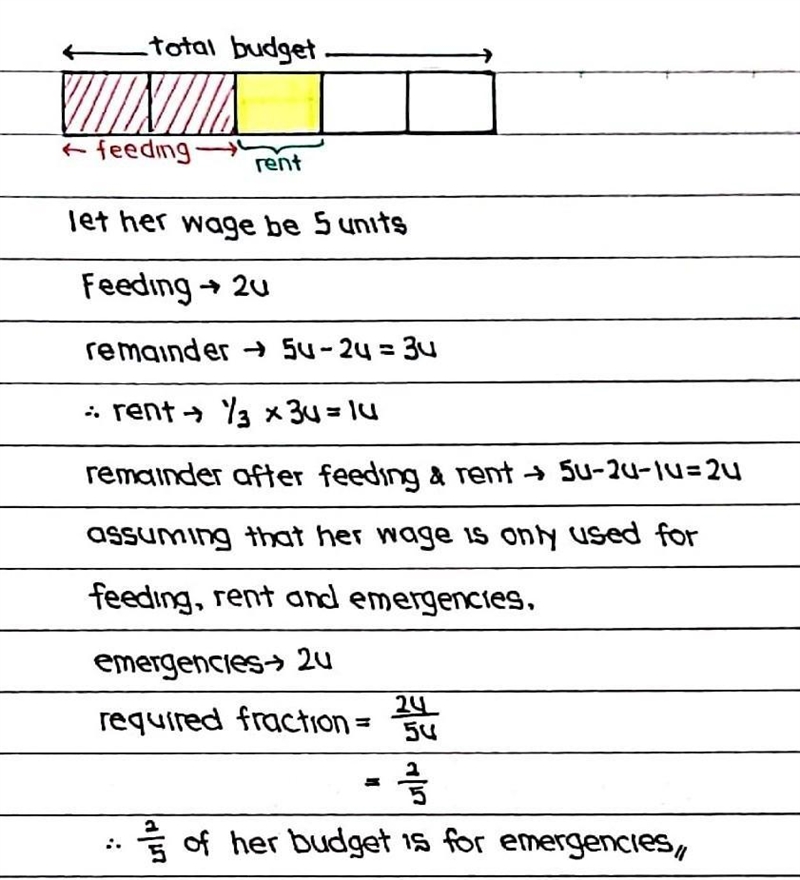 a woman budgets 2/5 of her wages for feeding. 1/3 of the remainder for rent and rest-example-1