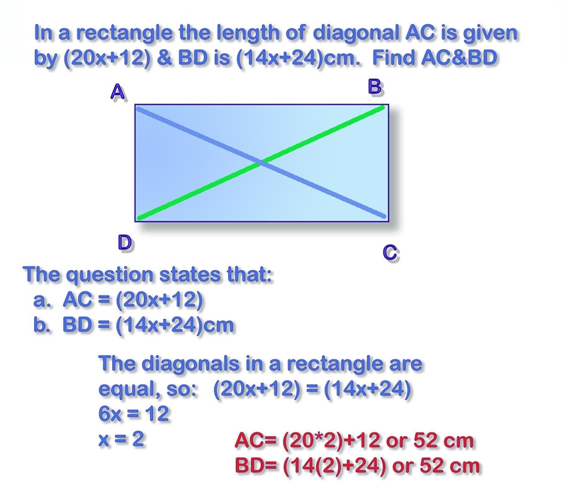 In a rectangle the length of diagonal AC is given by (20x+12)&BDis (14x+24)cm-example-1