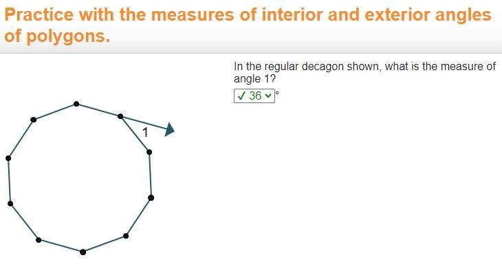 A regular decagon with exterior angle 1 is shown. In the regular decagon shown, what-example-1