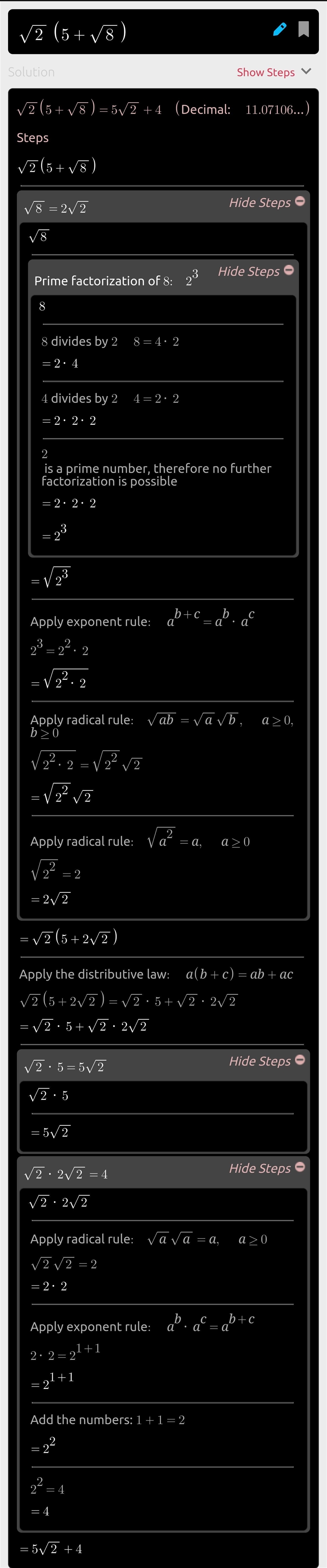 What is the answer to the question of Expand √2(5 + √8)-example-1