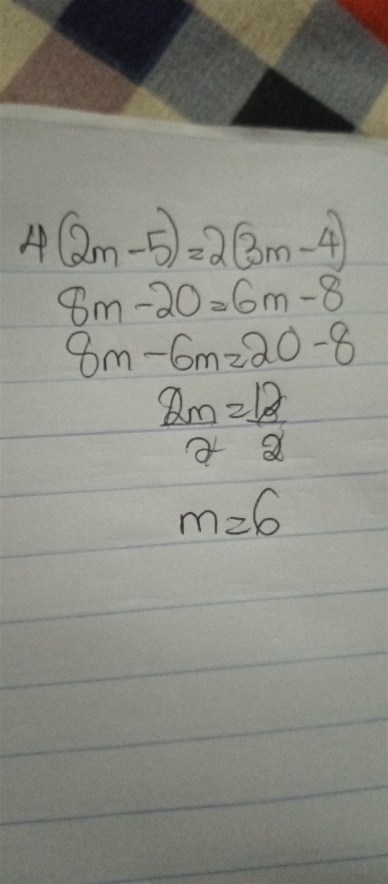 4(2m - 5) = 2(3m-4) Whats the value of m?-example-1