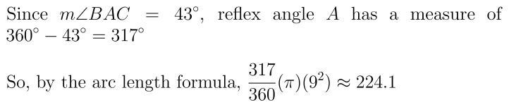 M∠BAC=43 and BA=9 What is the length of arc BDC? Round to the nearest tenth.-example-1