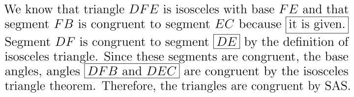 Given: ΔDFE is isosceles with base FE; FB ≅ EC. Prove: ΔDFB ≅ ΔDEC Triangle D F E-example-2