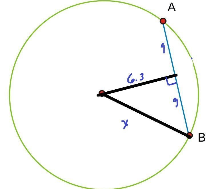 A chord of a circle is 18 cm long to. It is 6. 3cm from the center of the circle. Calculate-example-1