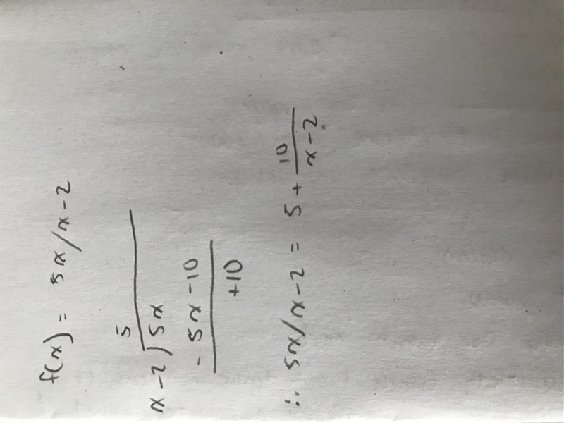 F(x) 5x/x-2 Identify the vertical and horizontal asymptotes of each rational function-example-1