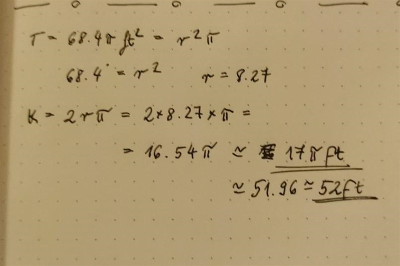 What is the circumference of a circle with an area of 68.4π square feet, rounded to-example-1