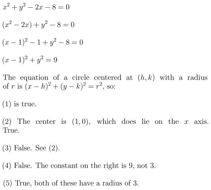 CConsider a circle whose equation is x2 + y2 – 2x – 8 = 0. Which statements are true-example-1