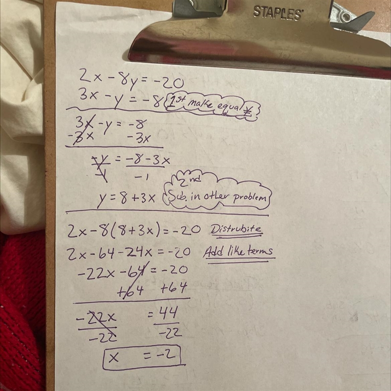 Systems of equations with substitution 2x-8y=-20 and 3x-y=-8-example-1