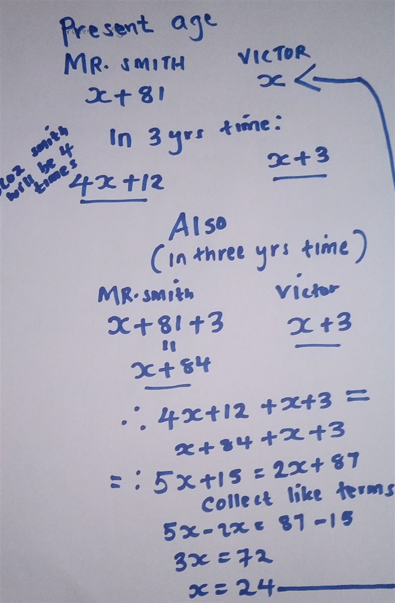 Mr. Smith is 81 years older than his grandson, Victor. In 3 years, Mr. Smith will-example-2