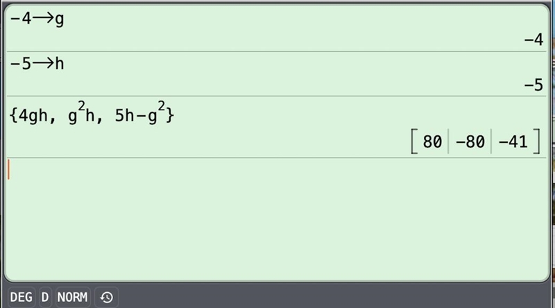 . If g = -4 and h = -5 find the value of a) 4gh b) g²h c) 5h - g²-example-1