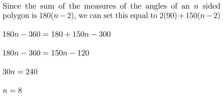 In an n-sided polygon, two angles are right angles and each of the remaining angles-example-1