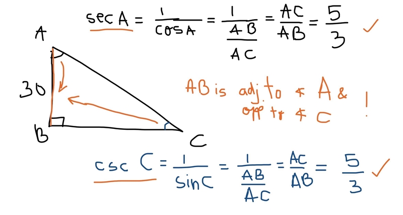 In △ABC, ∠B is a right angle, AB=30, and sec A=5/3. Find the value csc C in fraction-example-1