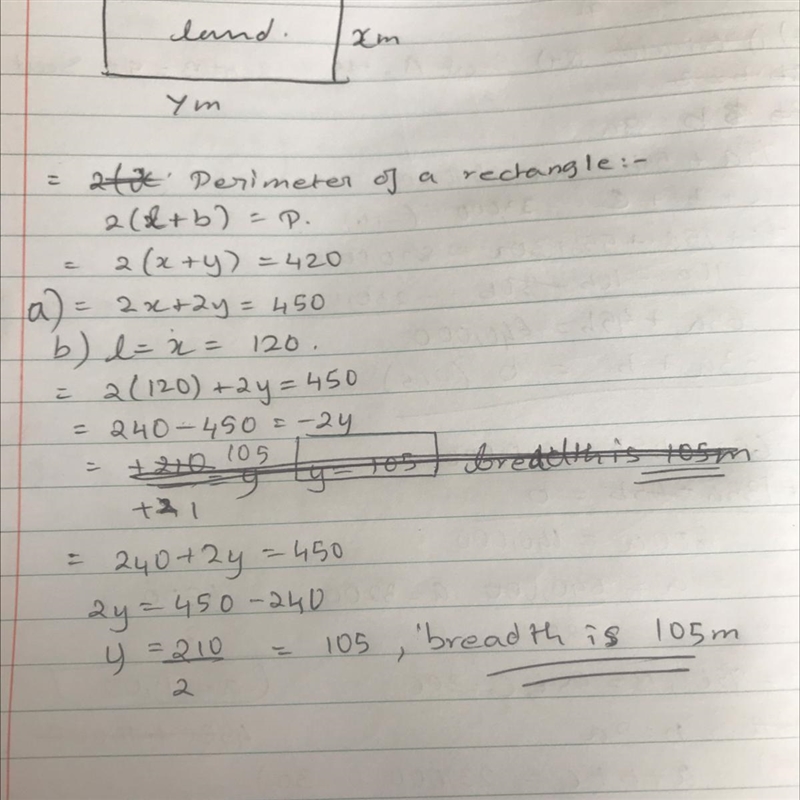 The length and breadth of a land are x m and y m respectively . If perimeter of the-example-1