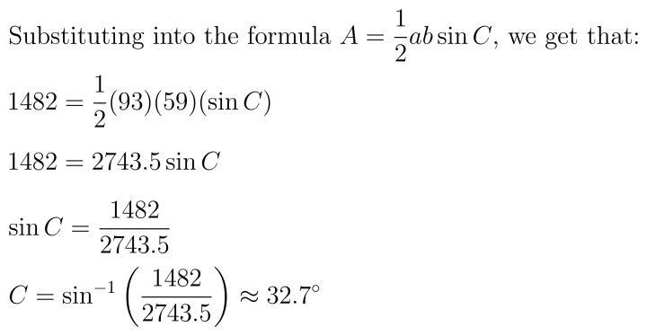 The area of a triangle is 1482. Two of the side lengths are 93 and 59 and the include-example-1