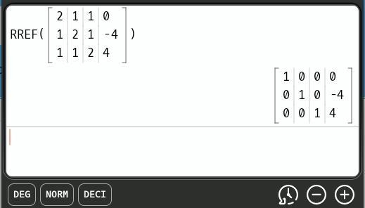 Solve each system of equations 2a+b+c=0 2b+c+a=-4 2c+a+b+4-example-1