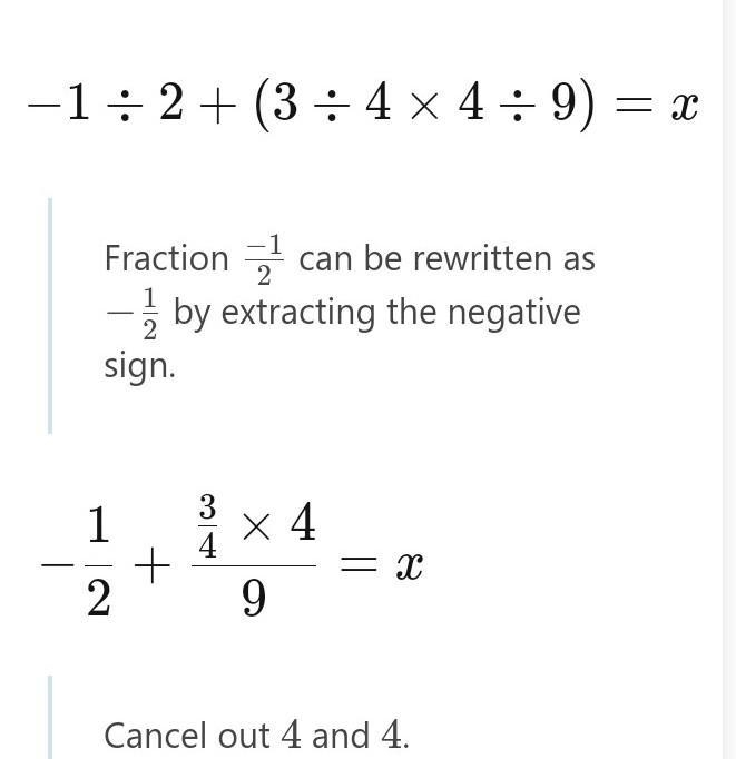 -1/2 + (3/4 x 4/9) = ? help?-example-1