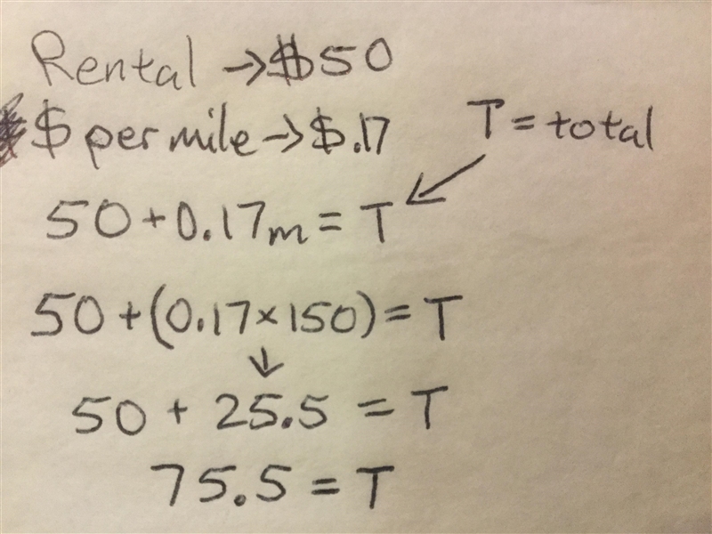 A car rental costs $50 plus $0.17 per mile driven. Write an expression that gives-example-1