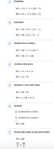 60=4(k+3) +2(k-3) I need to try to get the variable by itself-example-1