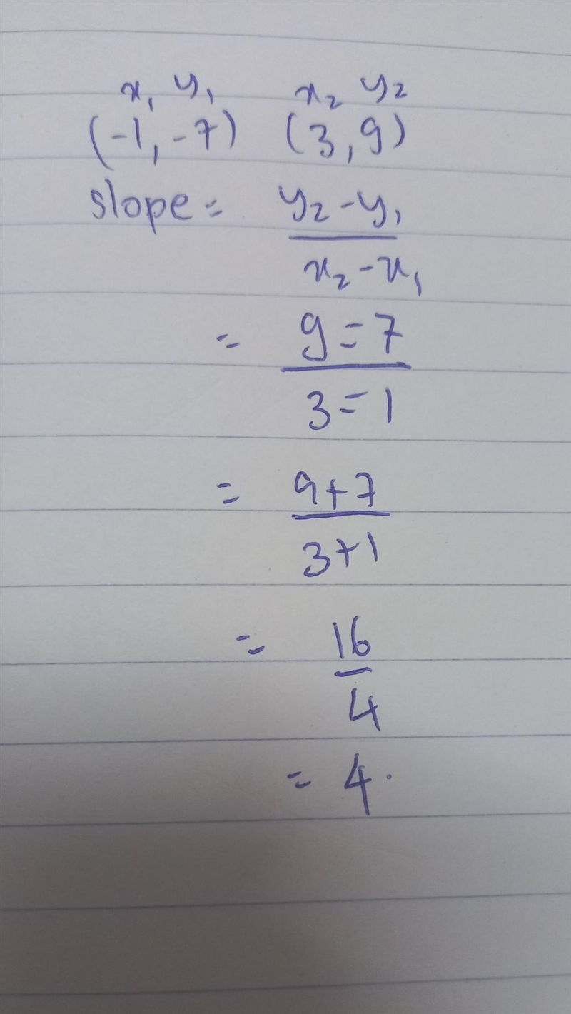 What is the slope when the pairs are (-1, -7) And (3, 9)-example-1