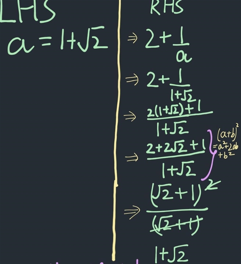 Suppose that a = 1 + √(2) Hence show that a = 2 + (1)/(a) ​-example-1