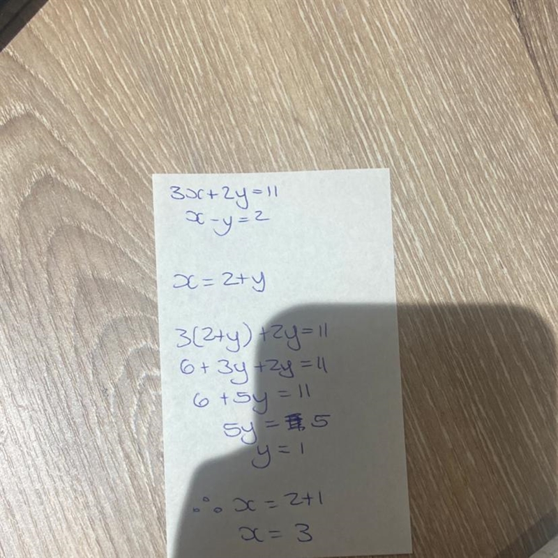 Simultaneous equations. 3x+2y=11 x-y=2 I've been stuck on this wuestion for so long-example-1