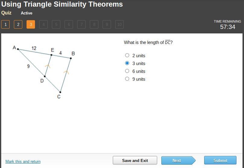 Triangle a b c is cut by line segment d e. line segment d e goes from side a c to-example-1