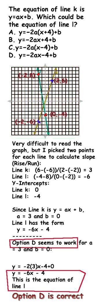 Please help I need it asap!!!!! The equation of line k is y=ax+b. Which could be the-example-1