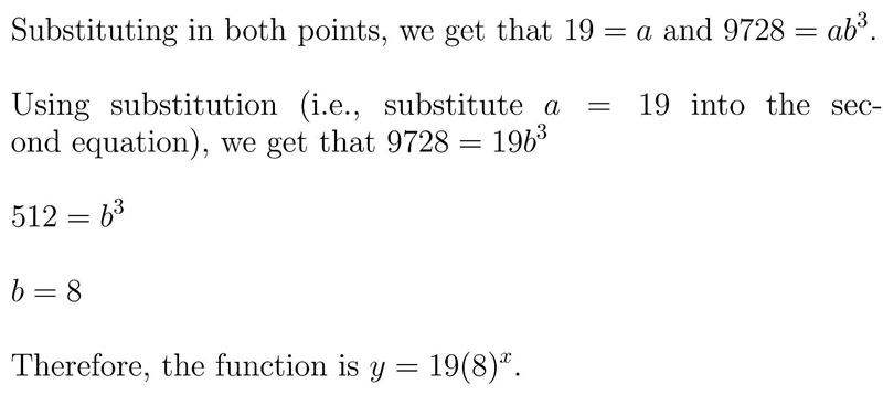 Write an exponential function in the form y=ab^xthat goes through points (0,19) and-example-1