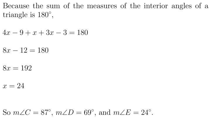 In the triangle below, suppose that mZc-(4-9). ZD=(31-3), and mLE=x° Find the degree-example-1