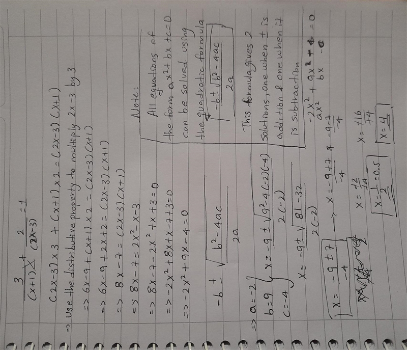 Solve 3/(x+1) + 2/(2x-3) = 1 show clear algebraic working-example-1