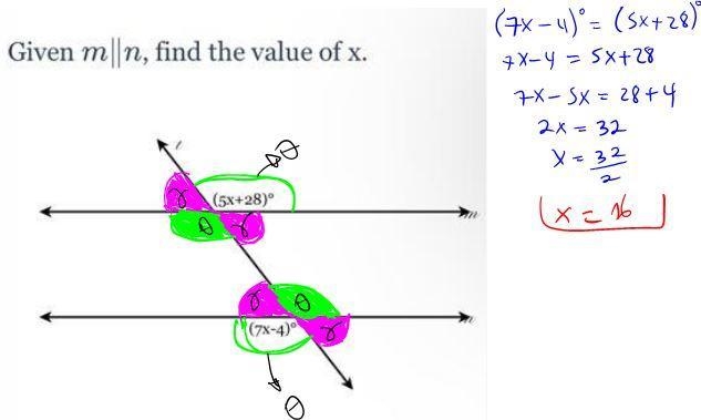 Given mn, find the value of x. (5X+28)° (7x-4)°-example-1