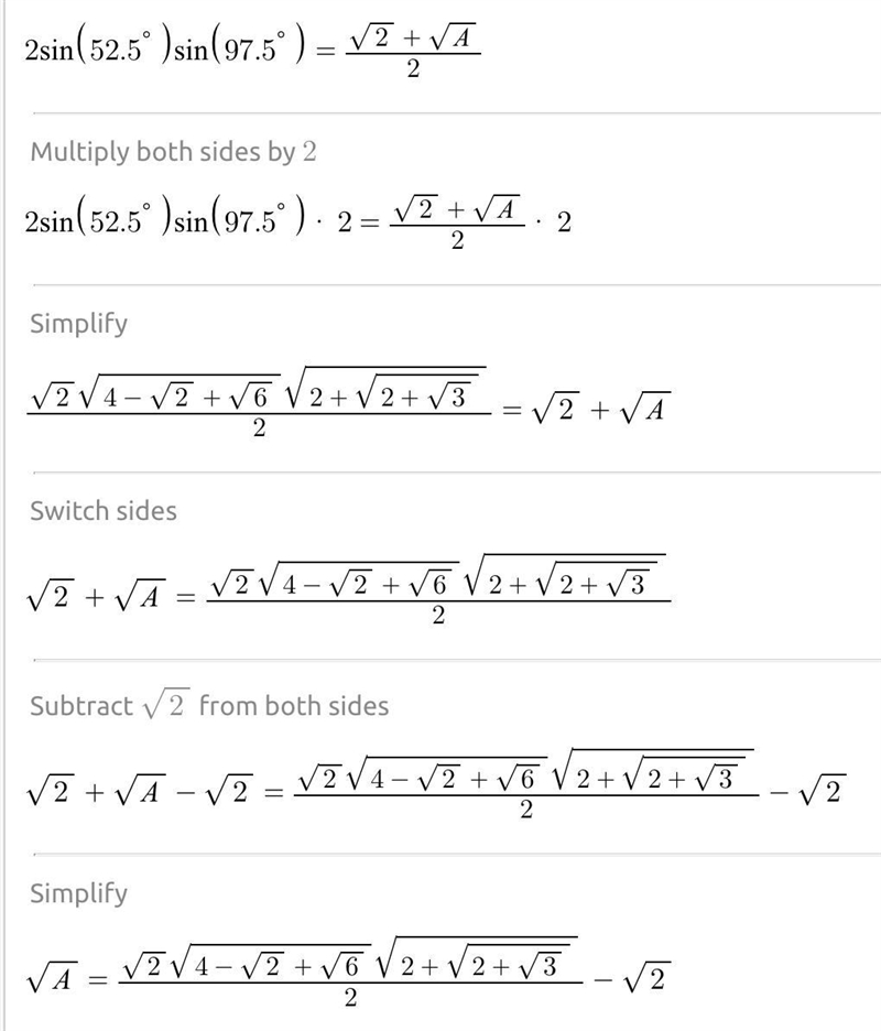 Use the product-to-sum formula to find the exact value: If 2sin 52.5° sin 97.5° then-example-1