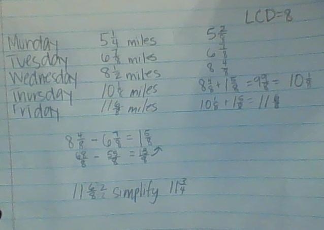 Jasmine biked 5 1/4 miles on Monday, 6 7/8 miles on Tuesday, and 8 1/2 miles on Wednesday-example-1