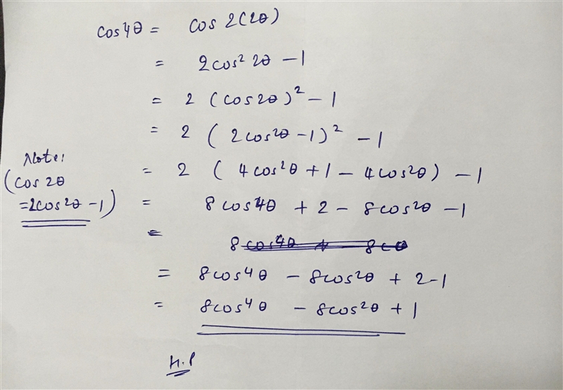 Prove that cos 4θ = 8 cos⁴ θ - 8 cos² θ + 1-example-1