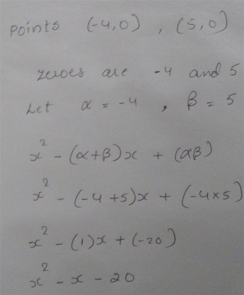 The graph of a quadratic polynomial intersects x-axis at the points (-4, 0) and (5, 0). Find-example-1