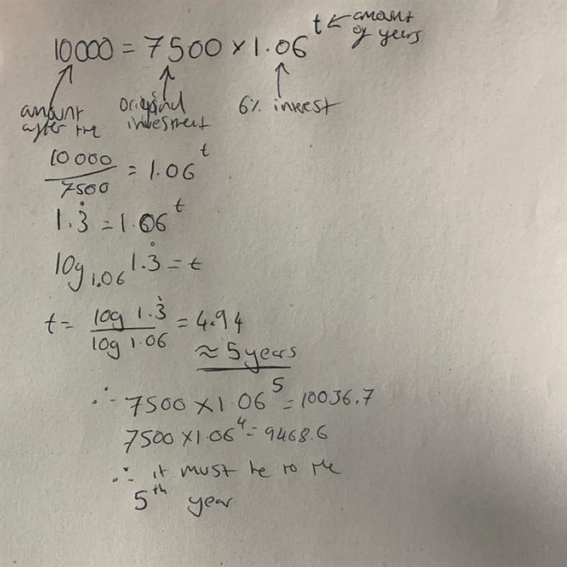 Brian invests £7500 into his bank account. He receives 6% per year compound interest-example-1