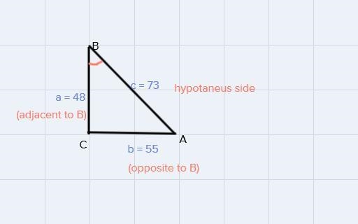 Note: Triangle may not be drawn to scale.Suppose a=48 and b=55 and c=73.Find an exact-example-1