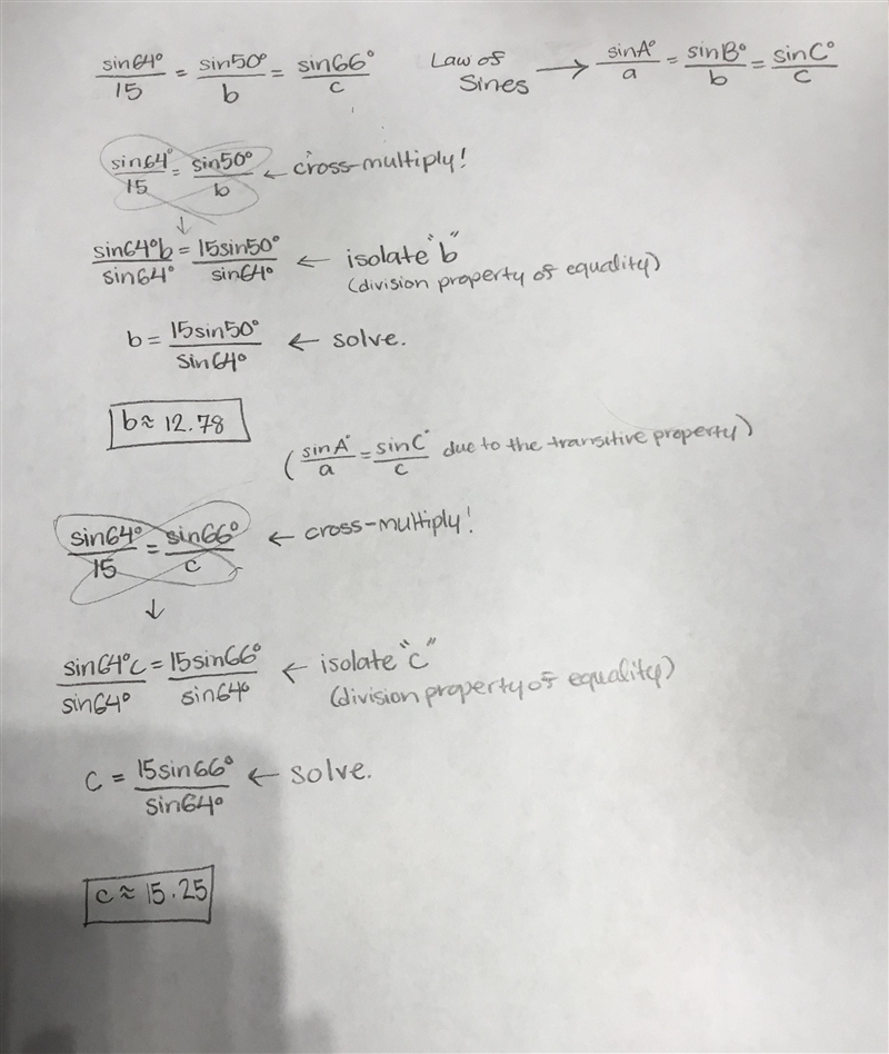 (15)/(sin64)=(b)/(sin50)=(c)/(sin66)-example-1